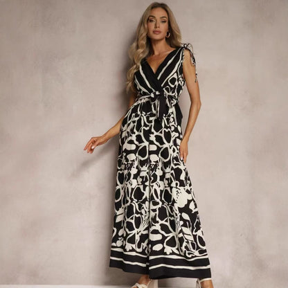 Women’s Jumpsuit – Relaxed Fit – V-Neck Sleeveless – Tie Waist – Printed Full Length
