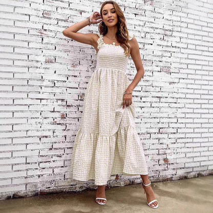 Women’s A-Line Maxi Dress – Smocked Bodice – Tiered Skirt – Spaghetti Straps – Checkered Pattern