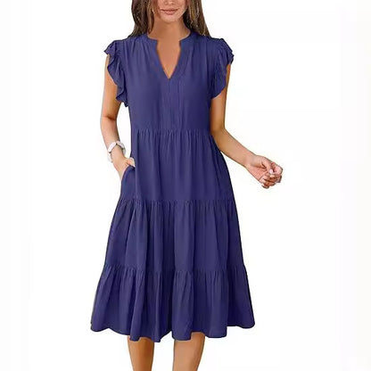 Women’s Midi Dress – V-Neck – Tiered Ruffle – Short Sleeve – Relaxed Fit – Cinched Waist