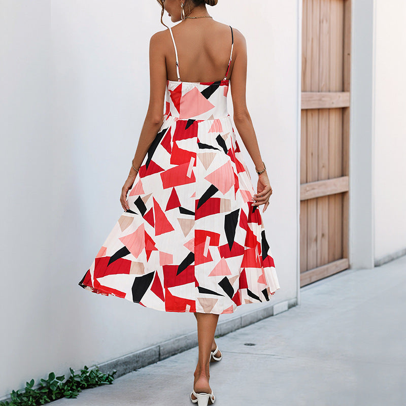 Women’s A-Line Dress – Geometric Print – Lightweight Cotton Blend – Spaghetti Strap