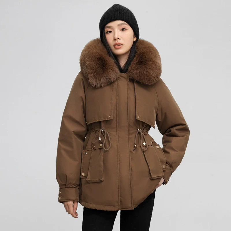 Women’s Parka Jacket – Water-Resistant – Faux Fur Collar – Adjustable Waist – Mid-Thigh Length