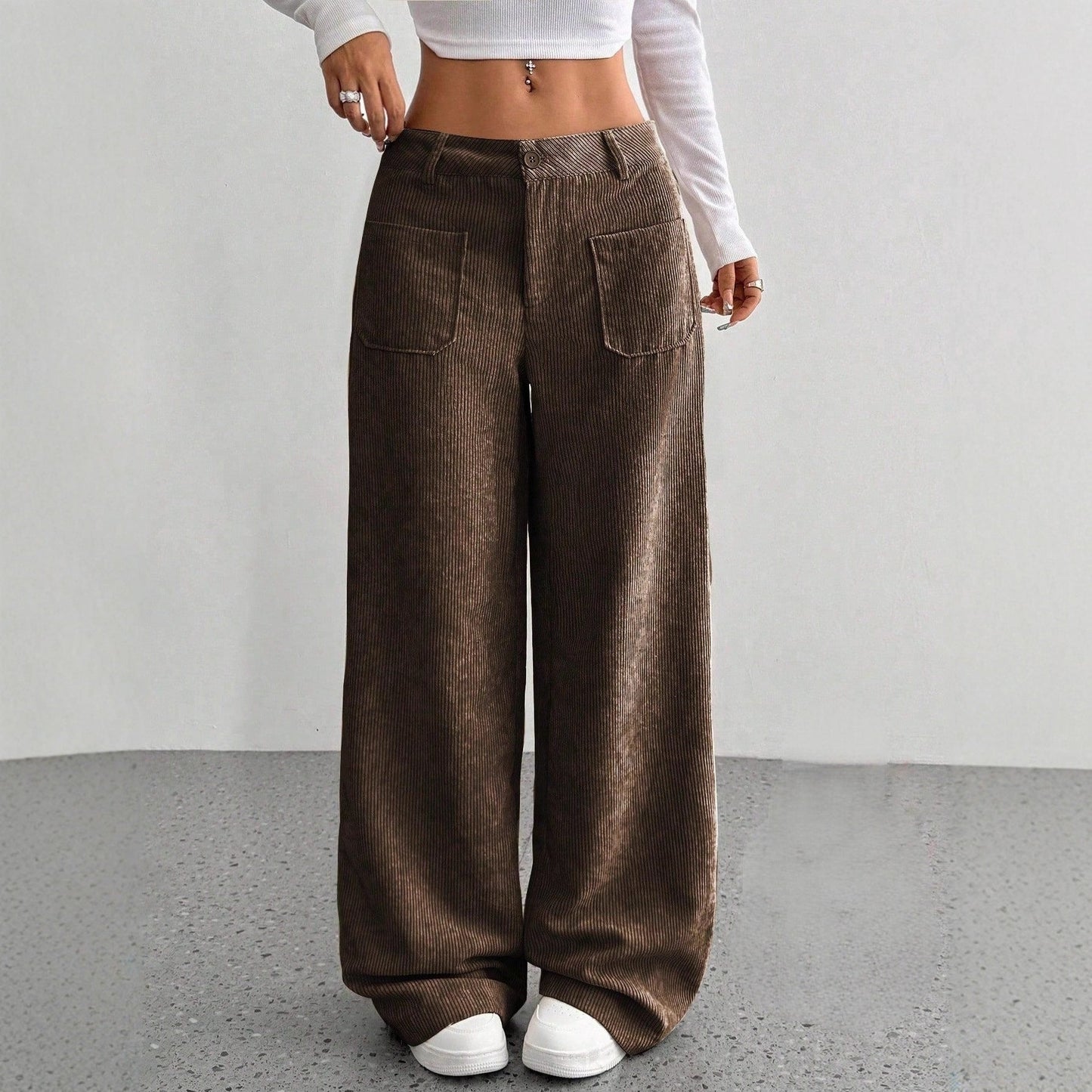 Women’s Pants - Corduroy - High Waist - Wide Leg - Front Patch Pockets