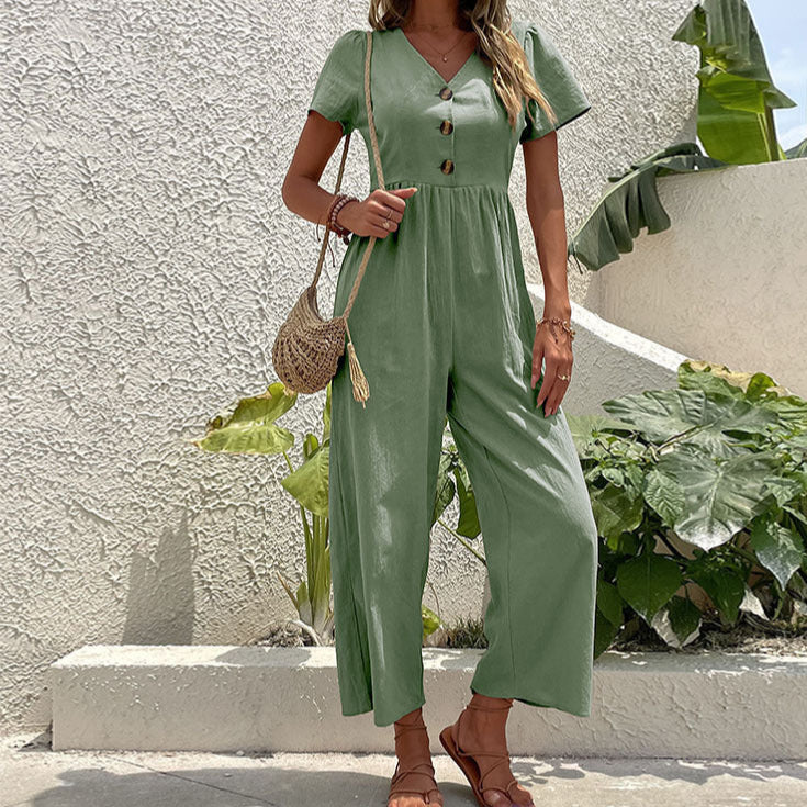 Women’s Jumpsuit – Linen Blend – Wide Leg – Relaxed Fit – Short Sleeve – V-Neck