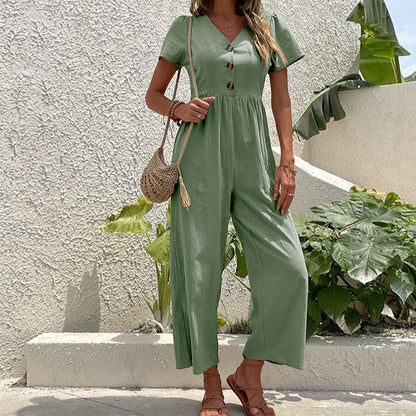 Women’s Jumpsuit – Linen Blend – Wide Leg – Relaxed Fit – Short Sleeve – V-Neck