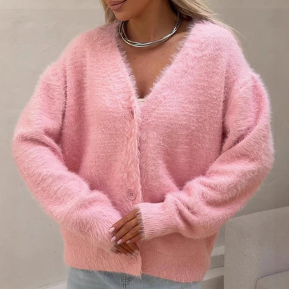 Women’s Cardigan – Oversized Fit – Fluffy Knit – Button Front – V-Neck Layering Piece