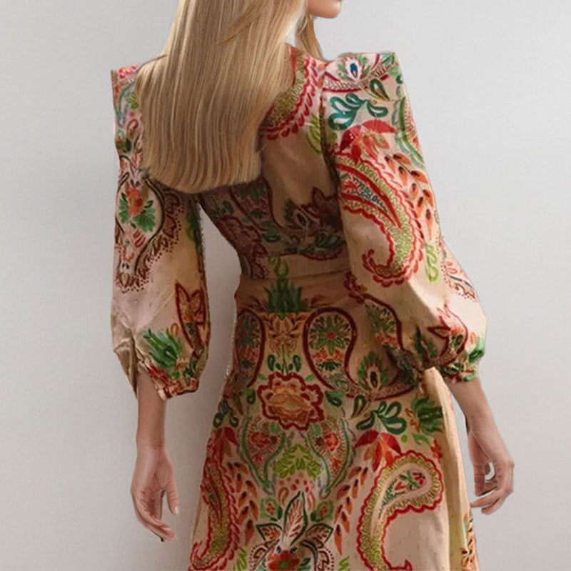 Women’s A-Line Dress – Satin Feel – V-Neck – Long Sleeve – Paisley – Fitted Waist