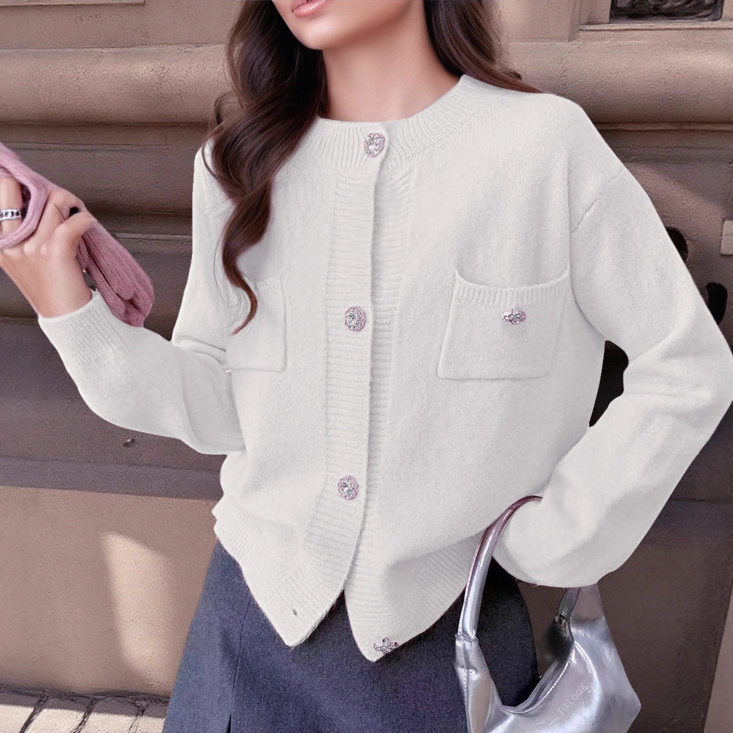 Women’s Cardigan – Wool Blend Knit – Relaxed Fit – Button Front – Ribbed Trim – Chest Pockets