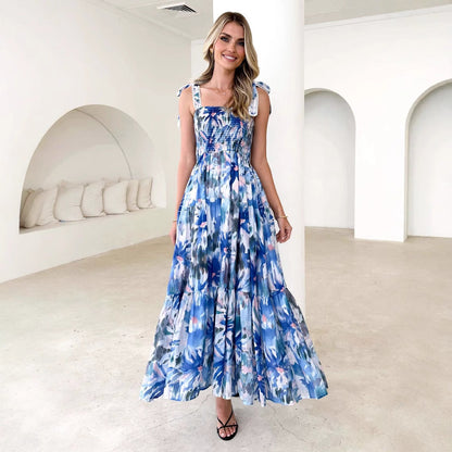 Women’s Maxi Dress – Shirred Bodice – Adjustable Straps – Tiered Flowy Skirt – Floral Print