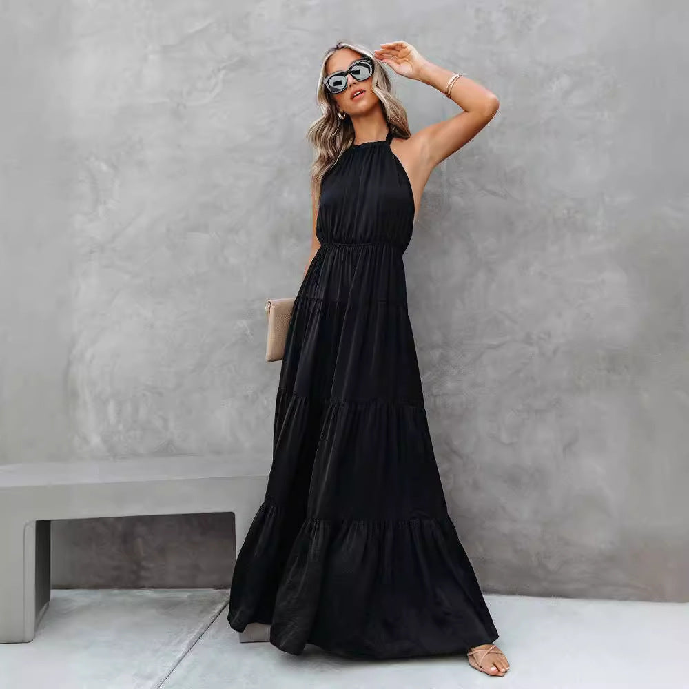 Women’s Halter Dress – Full Length – Tiered Skirt – Cinched Waist Flowing Fit