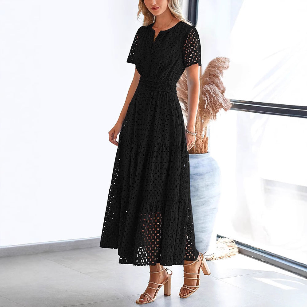 Women’s Long Dress – Embroidered Lace – V-Neck – Short Sleeve – Tiered Flowy Fit