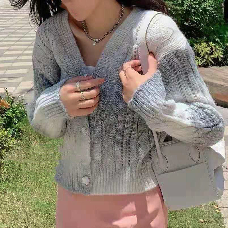 Women’s Cropped Cardigan – Relaxed Fit – Cable Knit – Voluminous Sleeves – Button Front