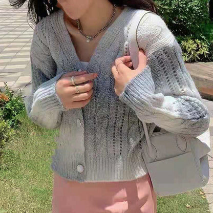 Women’s Cropped Cardigan – Relaxed Fit – Cable Knit – Voluminous Sleeves – Button Front