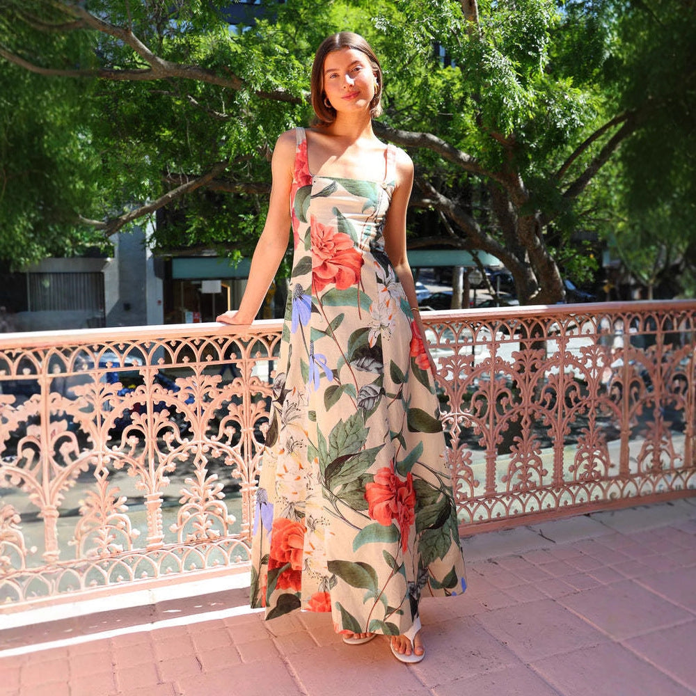 Women’s Maxi Dress – A-Line Fit – Square Neck – Floral Print – Breathable Fabric