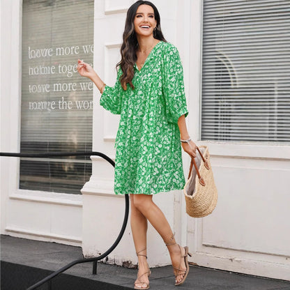 Women’s Midi Dress – Cotton Blend – V-Neck – Lantern Sleeve – Bohemian Floral Print