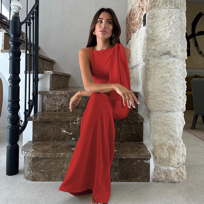 Women’s One-Shoulder Dress – Satin Feel – Slim Fit – Floor-Length Formal Gown