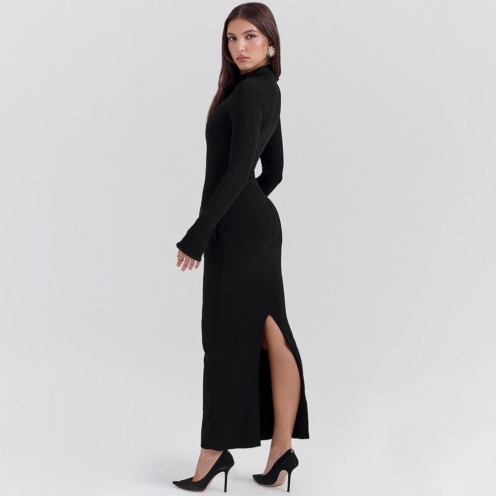 Women’s Long Dress – Slim Fit – Round Neck – Long Sleeve – Tailored Formal Wear
