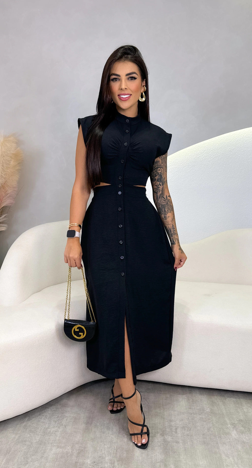 Women’s Midi Dress – Slim Fit – Cut-Out Waist – Button Front – Stand Collar