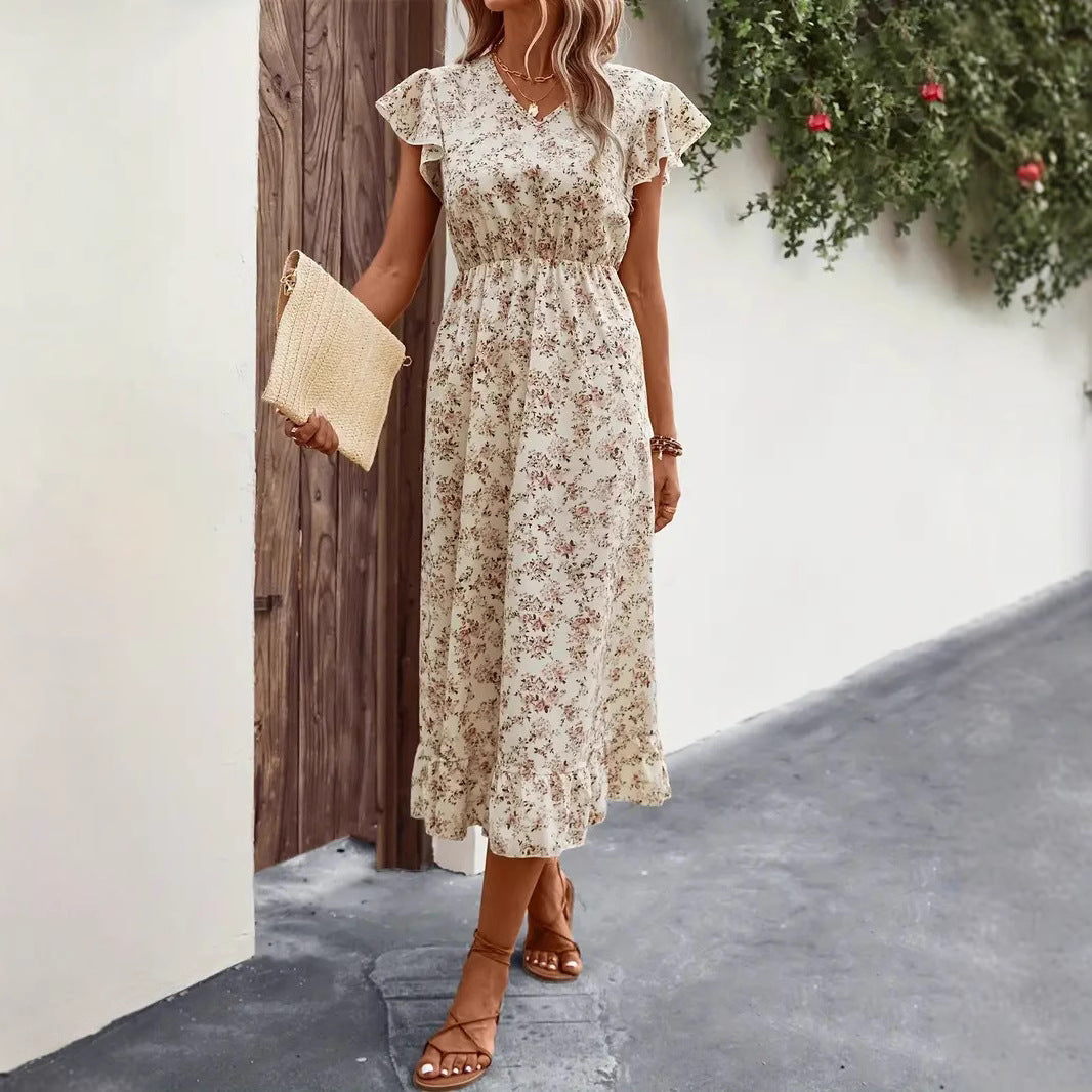 Women’s Midi Dress – Cotton Blend – V-Neck – Flutter Sleeve – Floral Ruffle Hem