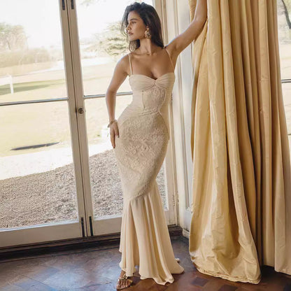 Women’s Evening Gown – Slim Fit – Embroidered Mesh – Sleeveless – Open Back – Spaghetti Straps