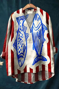 Women’s Long Sleeve Shirt – Relaxed Fit – V-Neck – Rolled Sleeves – Digital Print