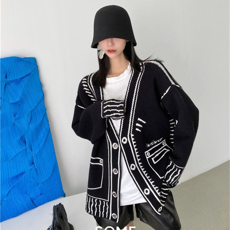 Women's black and white knitted loose slouchy cardigan