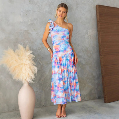 Women’s Spaghetti Strap Dress – Mesh Fabric – Ruffled Shoulder – Abstract Print – Midi Length