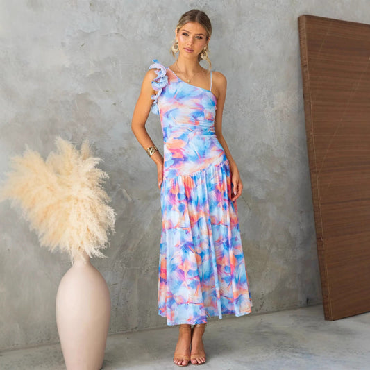 Mesh Fabric Ruffled Strap Midi Dress