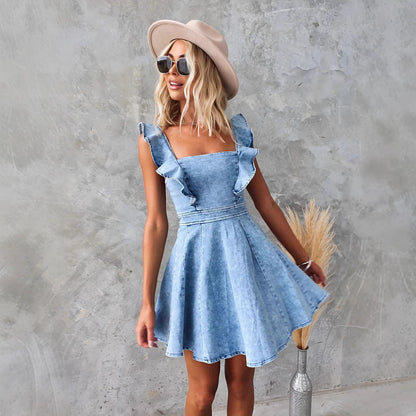 Women’s Denim Dress – Fit and Flare – Ruffled Sleeves – Square Neck – Mini Length