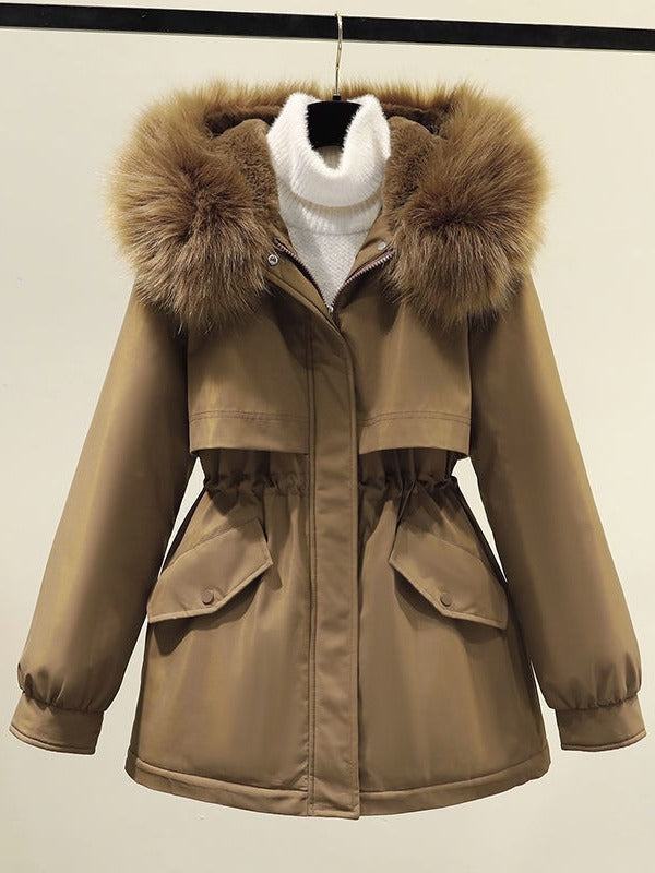 Women's winter parka with fur hood and drawstring waist