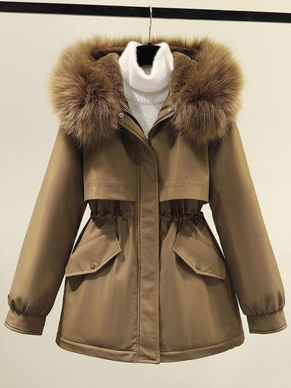 Women's winter parka with fur hood and drawstring waist