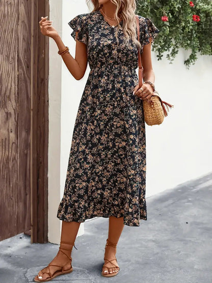 Women’s Midi Dress – Cotton Blend – V-Neck – Flutter Sleeve – Floral Ruffle Hem