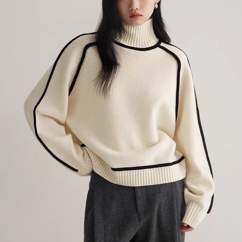 Women's fall winter half-high neck three-dimensional striped knit sweater