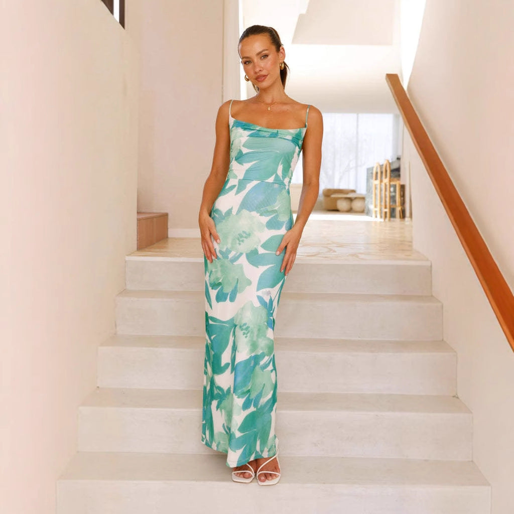 Women’s Bodycon Dress – Full Length – Spaghetti Straps – All-Over Print – Slim Fit