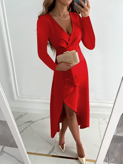 Women's Evening Dress - Wrap V-Neck - Long Sleeve - Asymmetrical High-Low Hem
