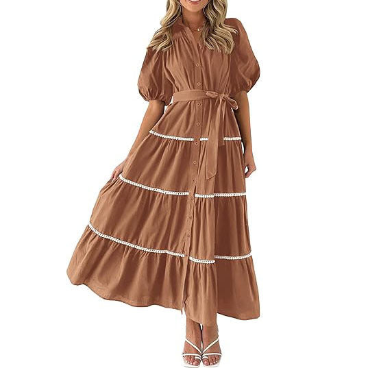 Women's Maxi Dress - Buttoned Tiered Style - Puff Sleeves - Waist Tie