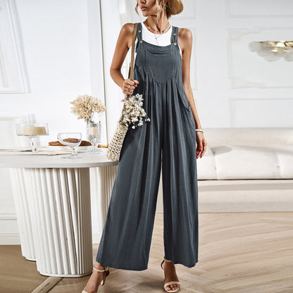 Women's Jumpsuit - Relaxed Fit - Wide Straps with Buttons - Breathable Casual Wear