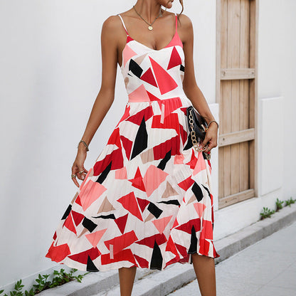 Women’s A-Line Dress – Geometric Print – Lightweight Cotton Blend – Spaghetti Strap