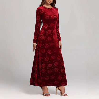 Women’s Maxi Dress – Velvet A-Line Fit – Floral Embossed – Long Sleeve Formal Wear