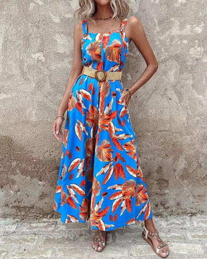 Women’s Jumpsuit – Tailored Waist – Floral Design – Wide Leg – Breathable Blend