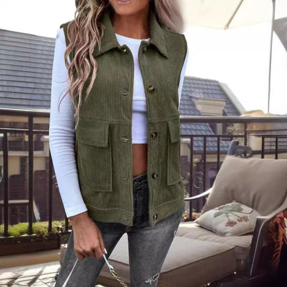 Women’s Sleeveless Cardigan Vest – Corduroy – Relaxed Fit – Button Front – Utility Pockets