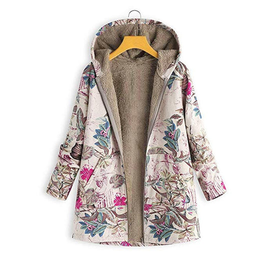 Plush Lined Floral Print Hooded Coat