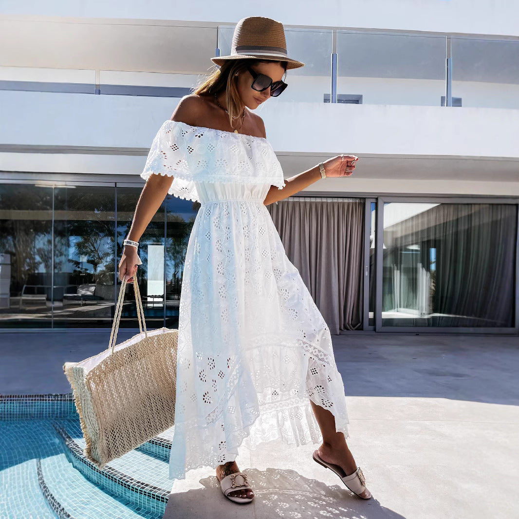 Women’s Maxi Dress – Off-Shoulder Lace – Cinched Waist – Flowy Boho Fit