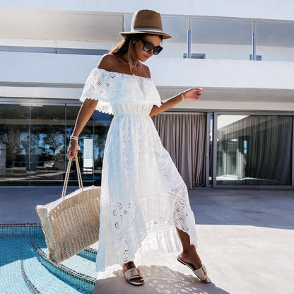 Women’s Maxi Dress – Off-Shoulder Lace – Cinched Waist – Flowy Boho Fit