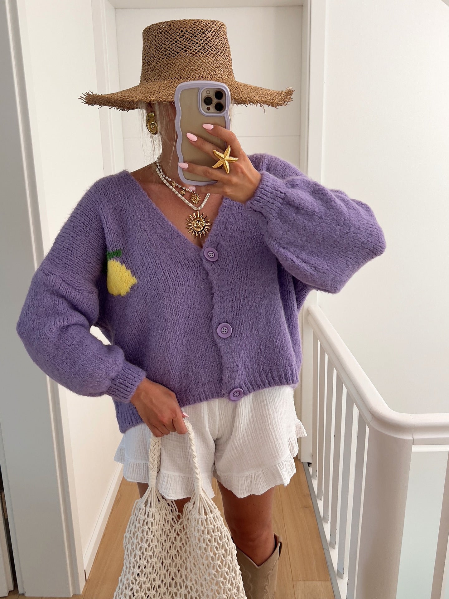 Cropped Relaxed Fit Knit Blend Cardigan Sweater