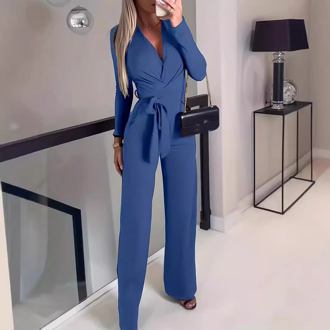 Tailored Wrap V-Neck Wide Leg Jumpsuit