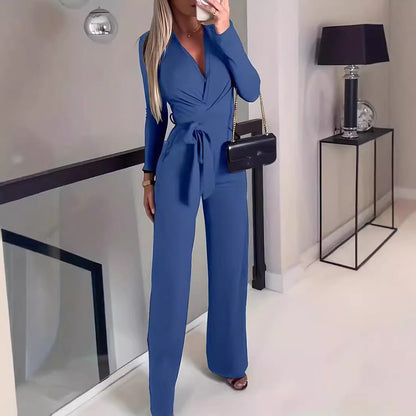 Women’s Jumpsuit – Wrap V-Neck – Long Sleeve – Wide Leg – Waist Tie – Tailored Fit