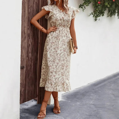 Women’s Midi Dress – Cotton Blend – V-Neck – Flutter Sleeve – Floral Ruffle Hem