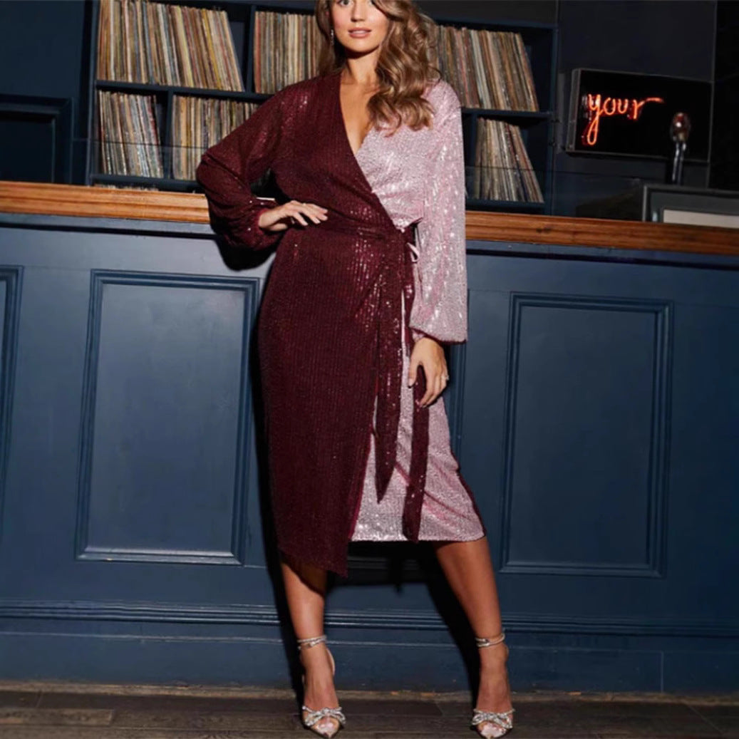 Sequin Embellished Slim Fit Wrap Dress
