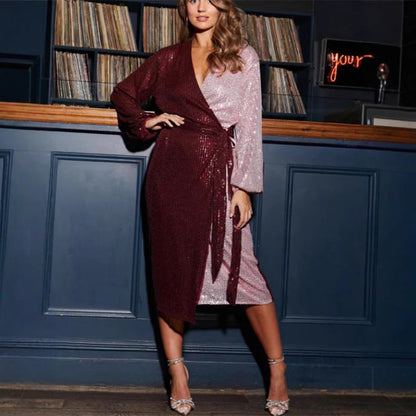Women’s Wrap Dress – Sequin Embellished – Slim Fit – Long Sleeve – V-Neck – Knee Length