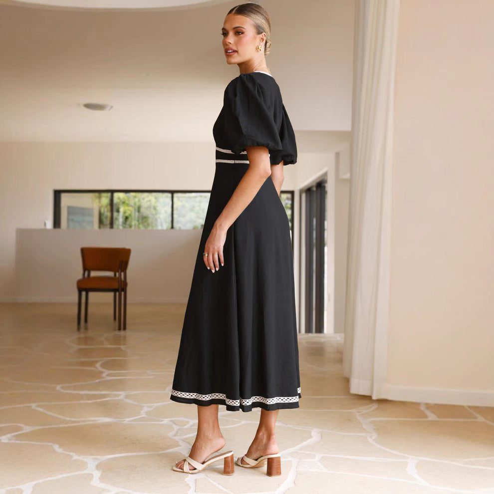 Women’s Long Dress – V-Neck – Fitted Waist – Puff Sleeve – Lace Trim Elegant Style